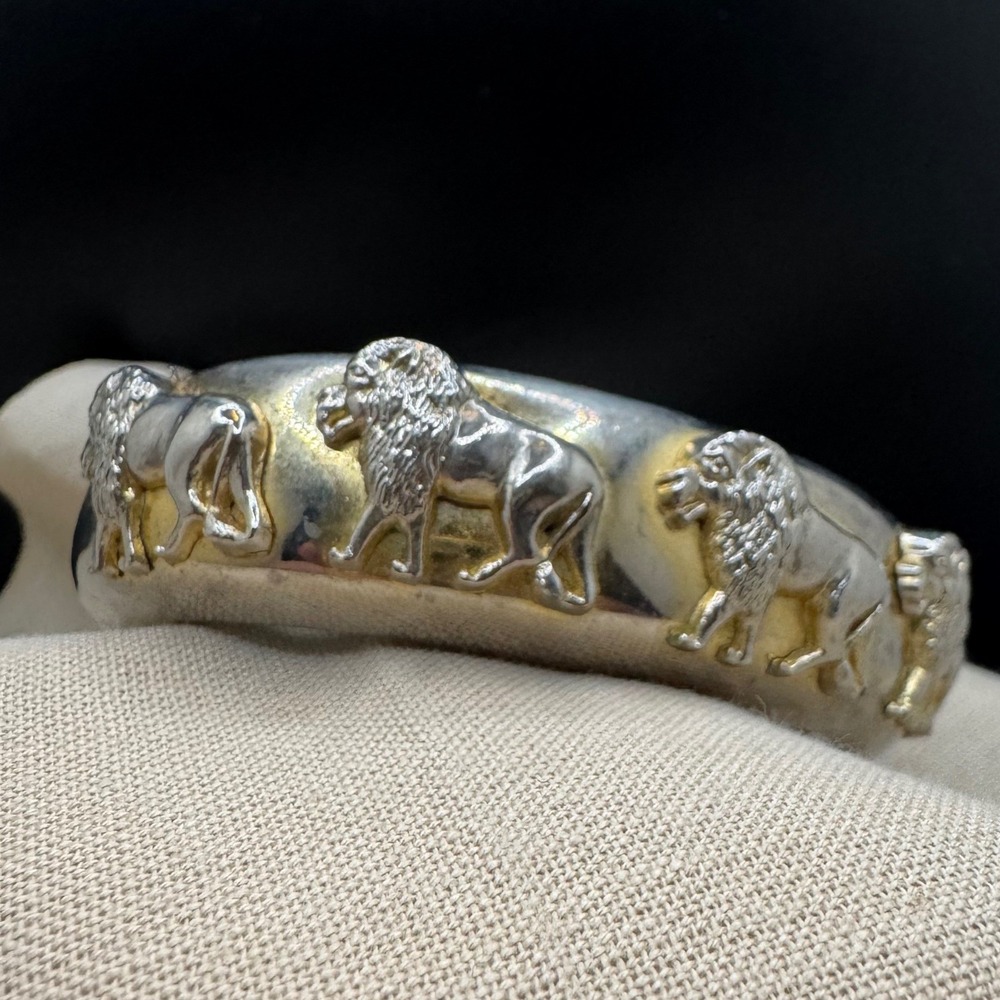 Vintage Lion Bracelet Hinged Bangle Silver Gold Tone Statement